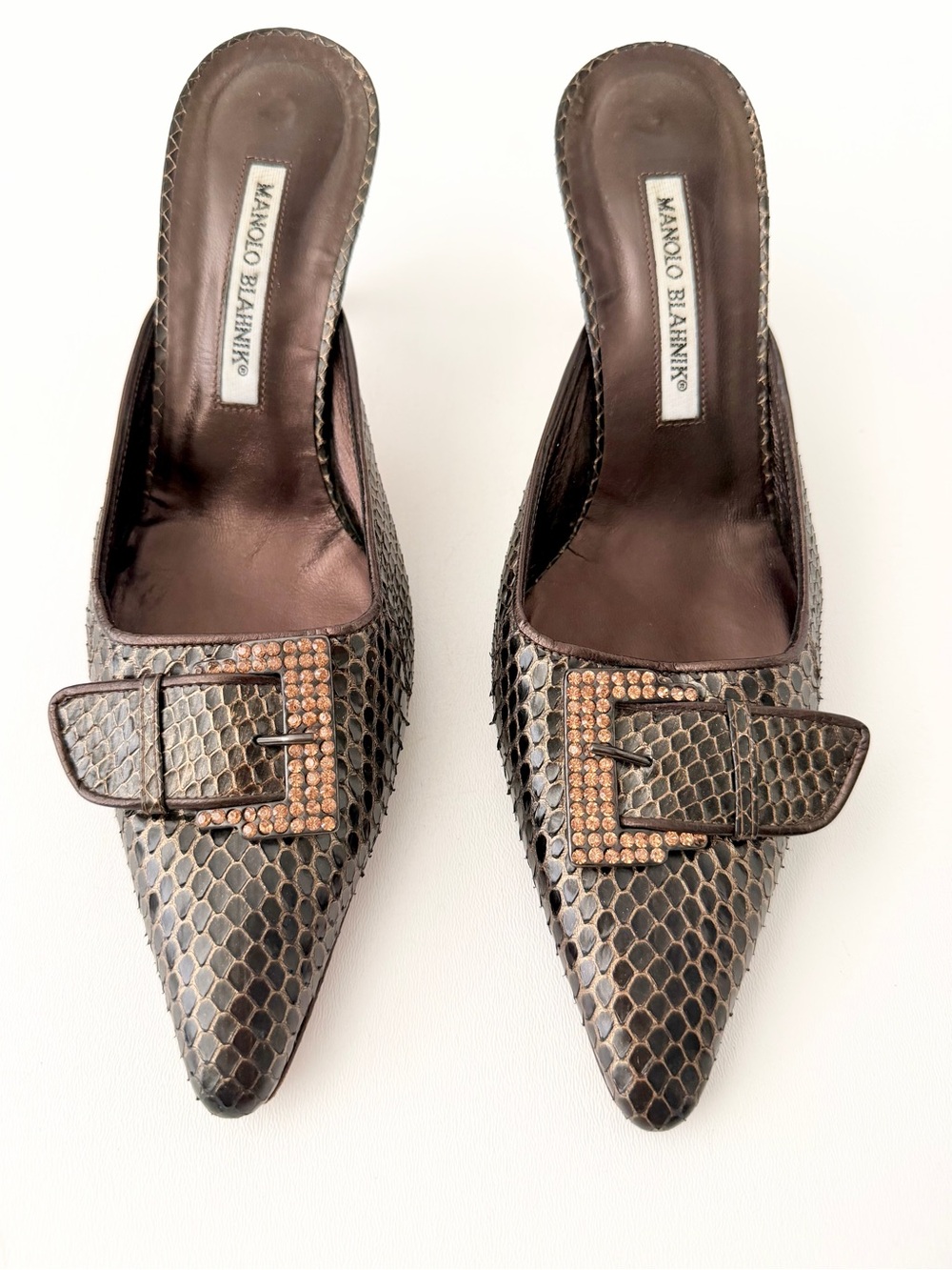 MANOLO BLAHNIK | Vintage Brown Python Snakeskin Crystal Buckle Mule Heels 39.5 - Picture 4 of 13